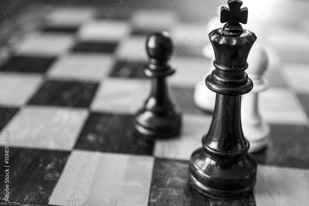 Chess piece standing on checkered game board during strategic game of chess, abstract vivid composition consists of fictional unreal fantastic vision on background Chess piece standing on checkered game board during strategic game of chess, abstract vivid composition consists of fictional unreal fantastic vision on background