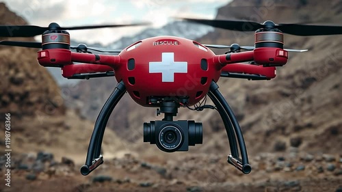 Red Rescue Drone in Mountainous Terrain, red drone, swiss cross, mountain rescue, aerial photography, UAV