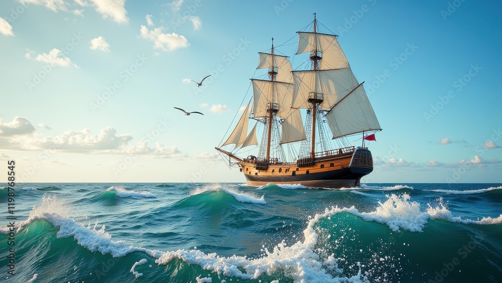 A majestic tall ship with three masts cuts through the ocean, its white sails billowing in the breeze. A vibrant red flag flutters high above, capturing the spirit of adventure on this vast blue expan A majestic tall ship with three masts cuts through the ocean, its white sails billowing in the breeze. A vibrant red flag flutters high above, capturing the spirit of adventure on this vast blue expan