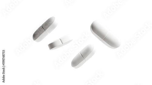Three white pills floating in the isolated on a transparent background