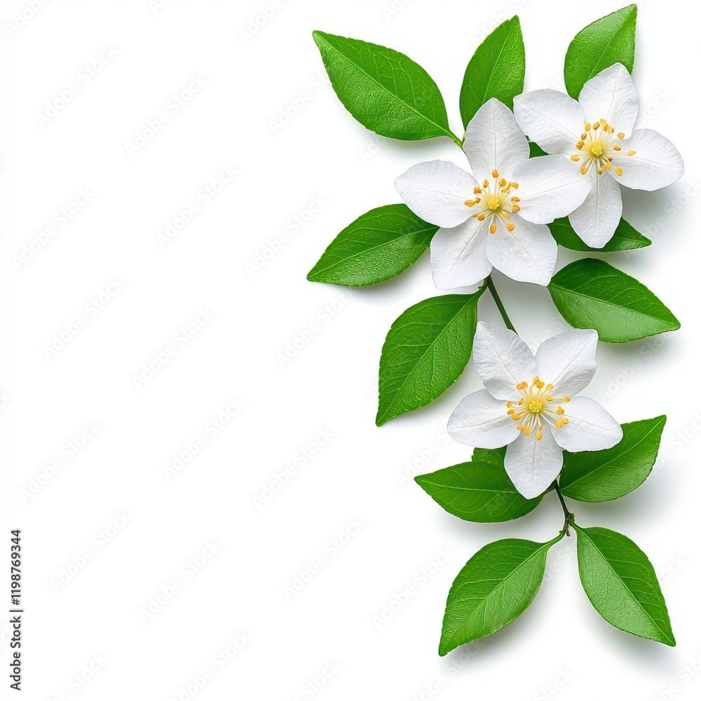 A photostock of a sprig of white jasmine flowers with green leaves, isolated on a clean white background, fragrant and elegant, High Quality