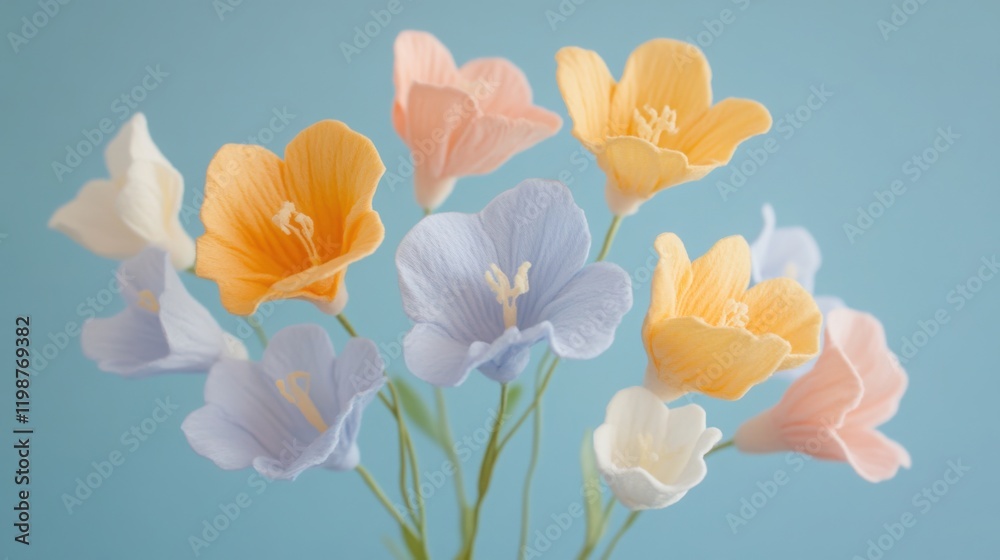 Fototapeta premium Tender Freesia flowers, pastel floral wallpaper, cotton fabric texture, delicate aesthetic effect