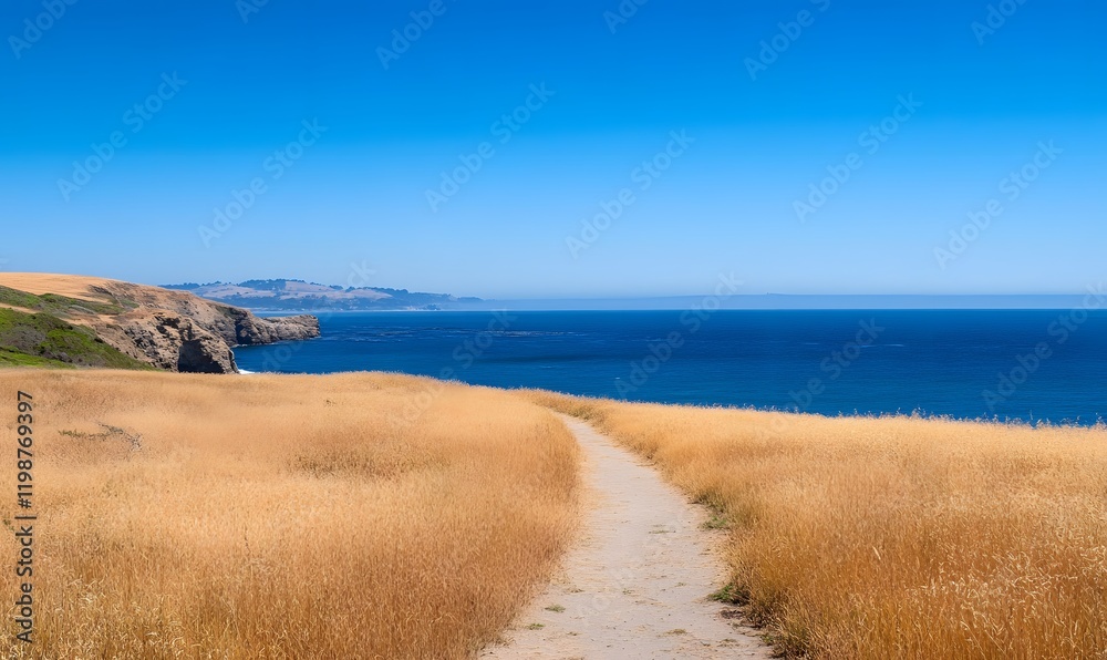 A coastal walkway across golden meadows leading to the blue sea under a blue sky. Generative AI A coastal walkway across golden meadows leading to the blue sea under a blue sky. Generative AI
