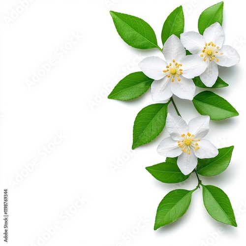 Obraz na płótnie A photostock of a sprig of white jasmine flowers with green leaves, isolated on a clean white background, fragrant and elegant, High Quality w salonie