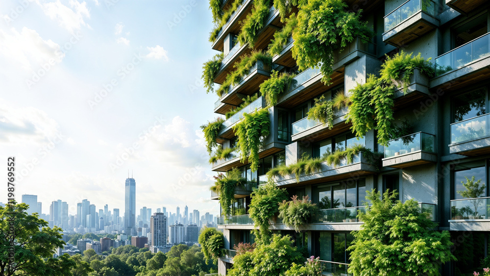 Modern eco-friendly high-rise building adorned with greenery amidst a city skyline Modern eco-friendly high-rise building adorned with greenery amidst a city skyline