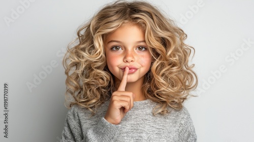 a little girl with curly hair making a hush sound photo