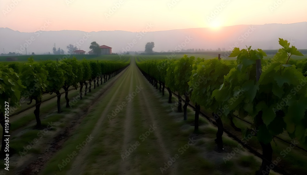 Fototapeta premium the sun is setting over a field of vines