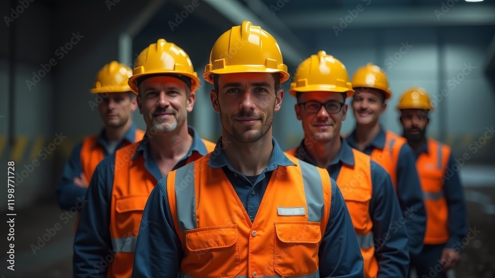 A team of construction workers in yellow helmets stand in front of the camera A team of construction workers in yellow helmets stand in front of the camera