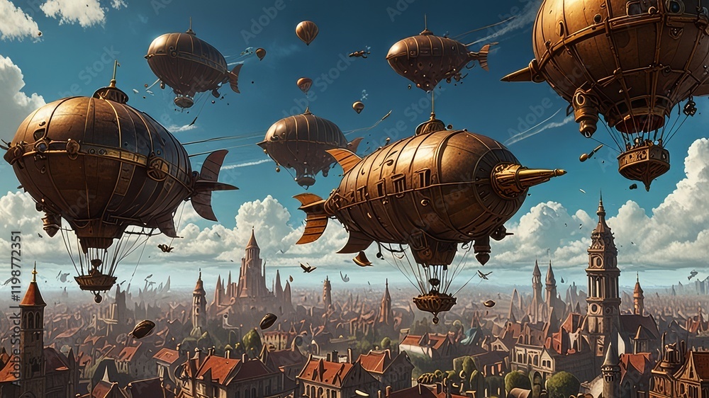 Obraz premium A steampunk city with airships and flying machines soaring through the sky.
