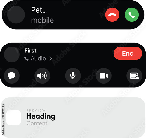 Phone call icon answer, accept and decline call icons with green and red buttons, Contact us telephone sign - communication icons. Dynamic island iphone notification bar