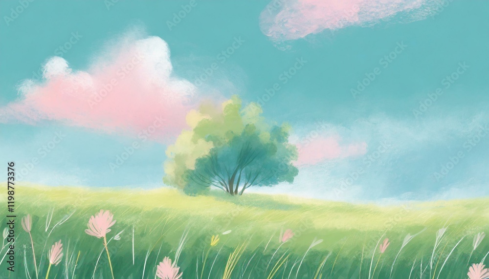 Fototapeta premium 穏やかな春の風景画、メッセージカード(青空、自然、木)