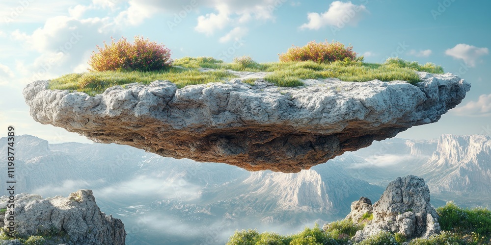 Fototapeta premium Floating Island Paradise: A Serene Escape in a Dreamlike Mountain Landscape