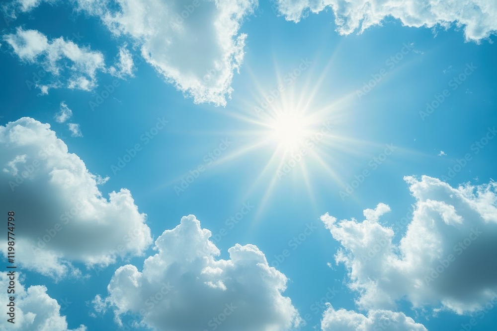 A bright sun shines through white clouds in a blue sky. A bright sun shines through white clouds in a blue sky.