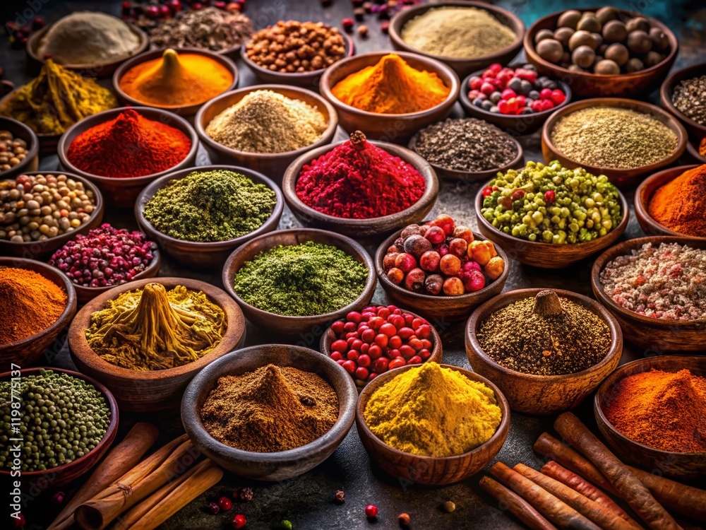 Vibrant Circle of Spices in Small Bowls - Night Photography Stock Photo Vibrant Circle of Spices in Small Bowls - Night Photography Stock Photo