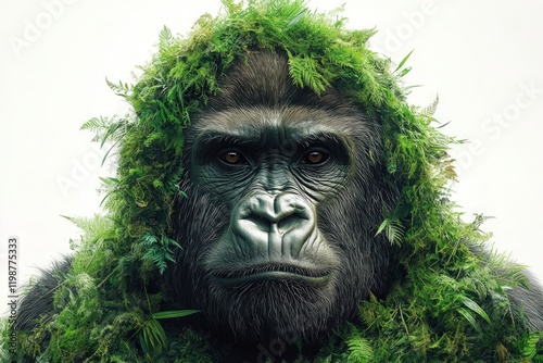 Gorilla's face, lush greenery, camouflage. photo