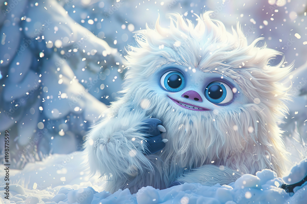 Obraz premium Huge fantasy hairy yeti character in beautiful outdoor nature color, abstract vivid composition consists of fictional unreal fantastic vision on background