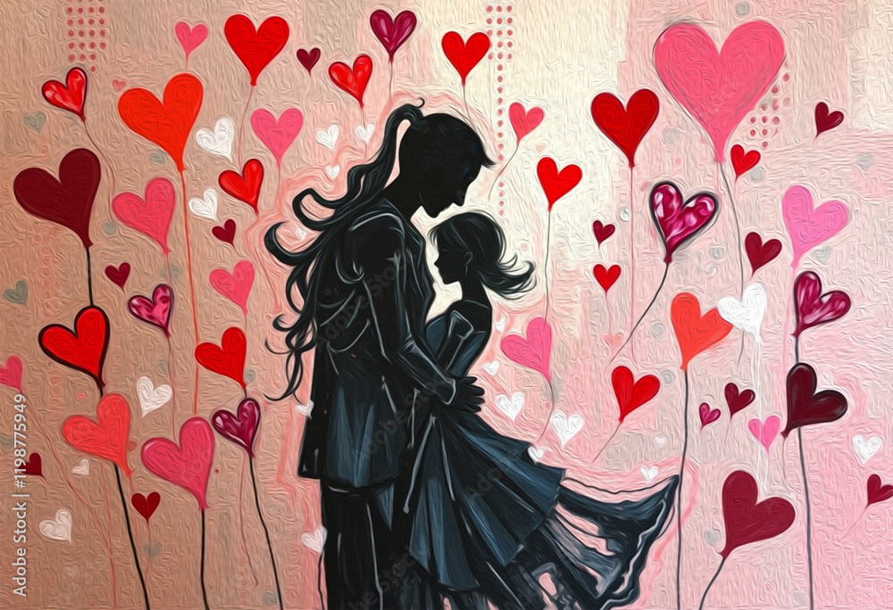 Fototapeta premium Valentine's Day card design. Illustration with oil paint. Pattern for printing on wall decorations, covers, wallpapers