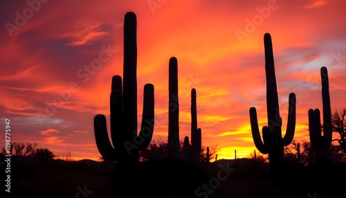 the sun is setting behind a large cactus