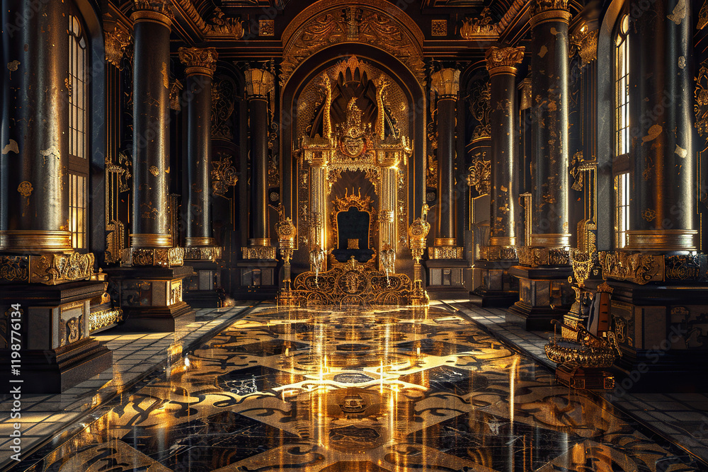 Fototapeta premium Fantastically beautiful throne of power of king or queen in throne room, abstract vivid composition consists of fictional unreal fantastic vision on background