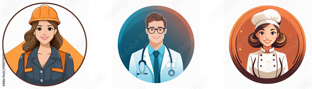 Three circular profile icons depict diverse professionals: a female engineer, a male doctor, and a female chef. They represent various career paths and skills. Three circular profile icons depict diverse professionals: a female engineer, a male doctor, and a female chef. They represent various career paths and skills.