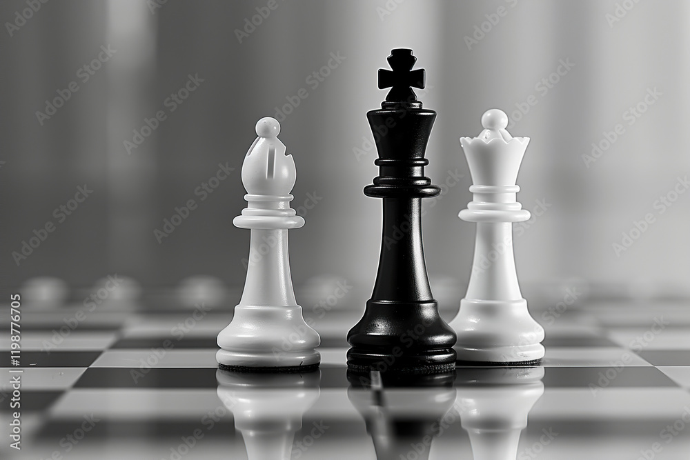 Chess piece standing on checkered game board during strategic game of chess, abstract vivid composition consists of fictional unreal fantastic vision on background Chess piece standing on checkered game board during strategic game of chess, abstract vivid composition consists of fictional unreal fantastic vision on background