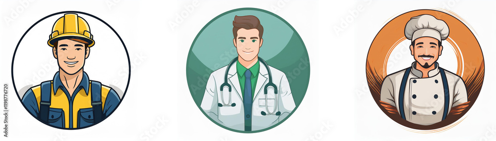 Fototapeta premium Three circular icons depict diverse professions: a construction worker, a doctor, and a chef. Each icon features a male professional in their respective attire.