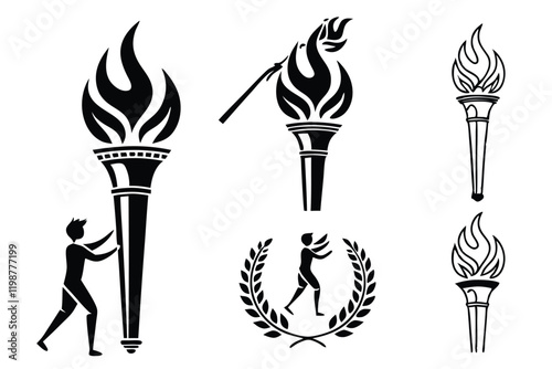 Torch icons, black and white silhouettes, flame designs, simple geometric shapes, Olympic torch variations, minimalist torch collection, stylized fire symbols, vector graphics, ancient torch illustrat