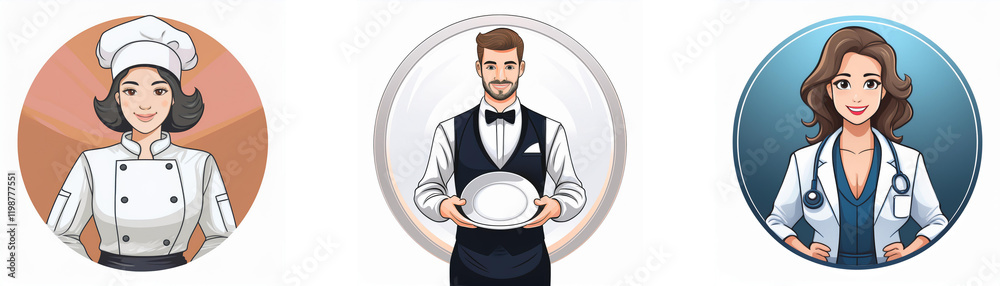Three circular illustrations depict professionals: a female chef, waiter, and a female doctor. Each person is presented in a simple, clean style. Three circular illustrations depict professionals: a female chef, waiter, and a female doctor. Each person is presented in a simple, clean style.
