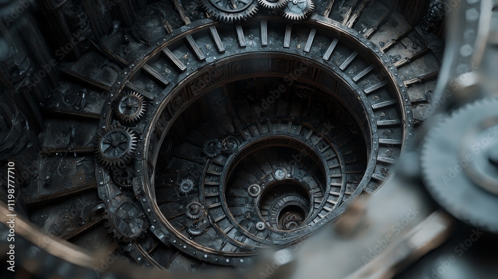 Intricate Metal Spiral Staircase with Gears Steampunk Design Industrial Architecture Intricate Metal Spiral Staircase with Gears Steampunk Design Industrial Architecture
