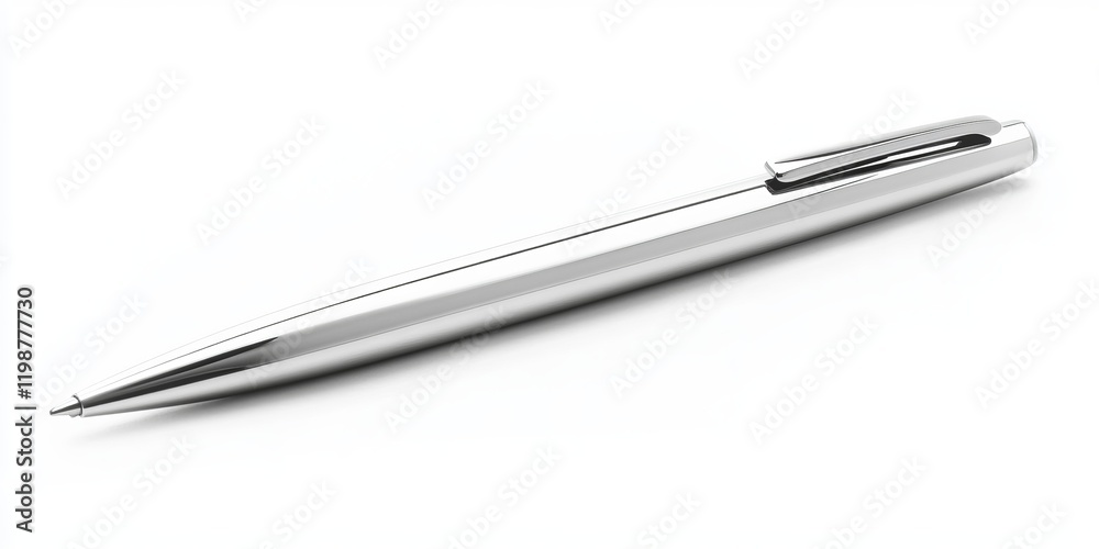 High-quality image of a shiny silver ballpoint pen on a white background, ideal for office, school, or business stationery themes. High-quality image of a shiny silver ballpoint pen on a white background, ideal for office, school, or business stationery themes.