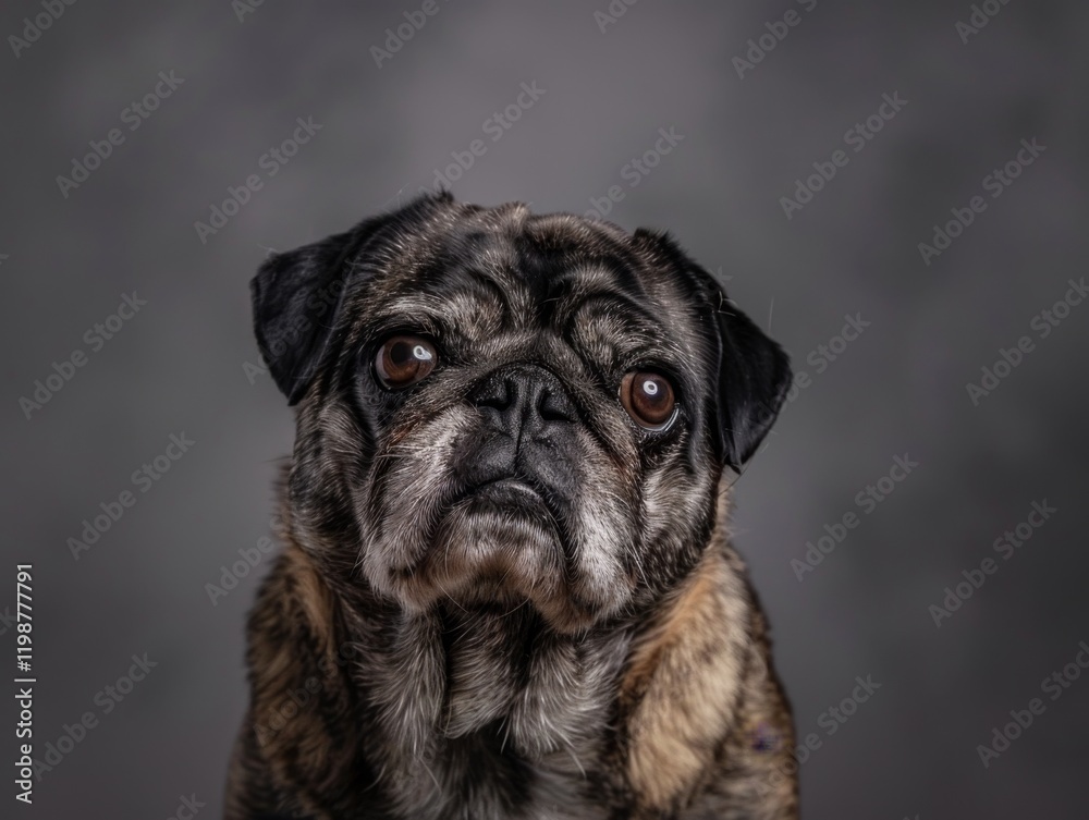 Obraz premium A pug with a wrinkled face posed against a gray backdrop