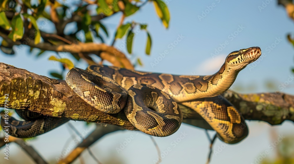 Naklejka premium Python Relaxing on a Tree Branch Under the Open Sky