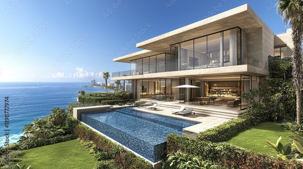 Fototapeta premium Modern Cliffside Mansion with Infinity Pool and Ocean View