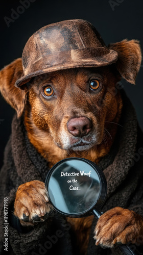 Cute canine detective with hat and magnifying glass - mystery investigation theme photo