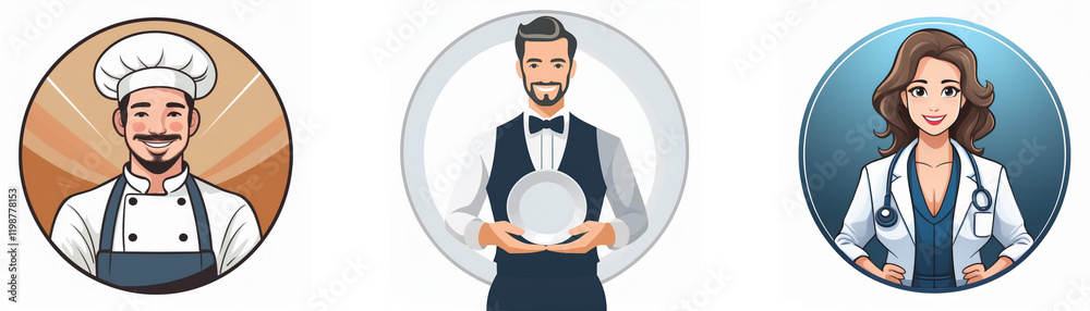 Three circular illustrations depict professionals: a chef, a waiter, and a doctor. Each person is shown in a friendly, approachable style. Three circular illustrations depict professionals: a chef, a waiter, and a doctor. Each person is shown in a friendly, approachable style.