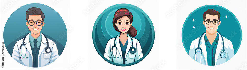 Three illustrated doctors, a man and two women, are shown in circular profile portraits against a teal background.  Each wears a white coat and stethoscope.
