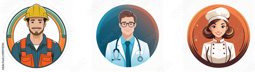 Fototapeta premium Three circular profile icons depict diverse professions: a construction worker, a doctor, and a chef. Each icon features a cartoon illustration of a person in their respective work attire.