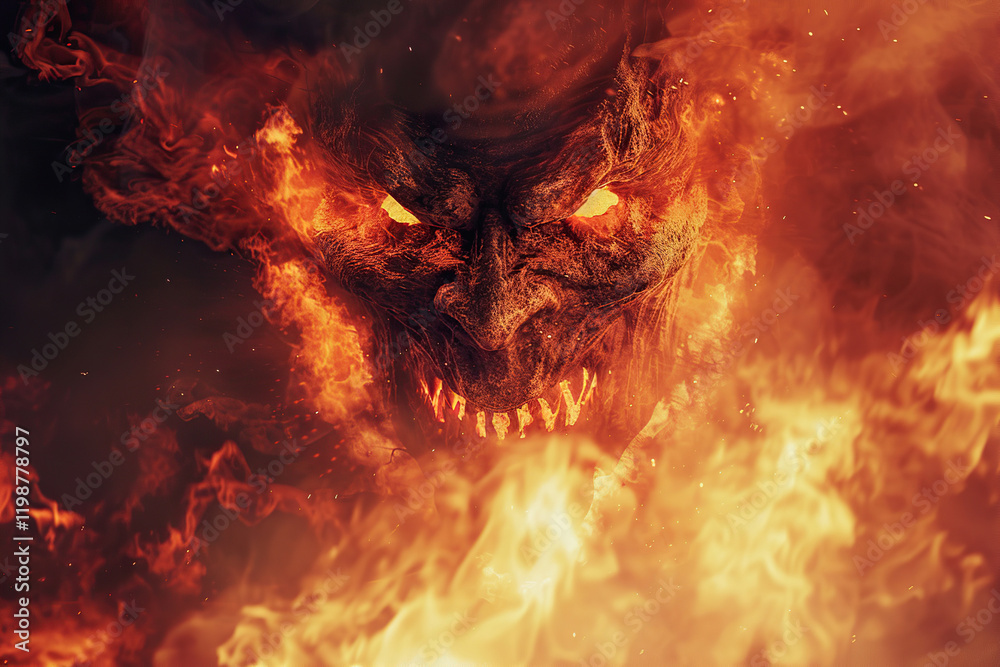 Naklejka premium Scary sinister devil is in hell with dramatic bright fire lighting, abstract vivid composition consists of fictional unreal fantastic vision on background
