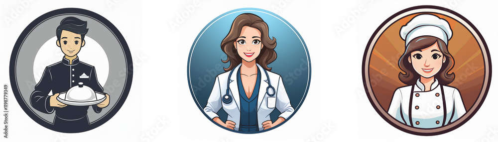 Three circular icons depict professionals: a waiter, a doctor, and a chef. Each is illustrated in a stylized, cartoonish manner. Three circular icons depict professionals: a waiter, a doctor, and a chef. Each is illustrated in a stylized, cartoonish manner.