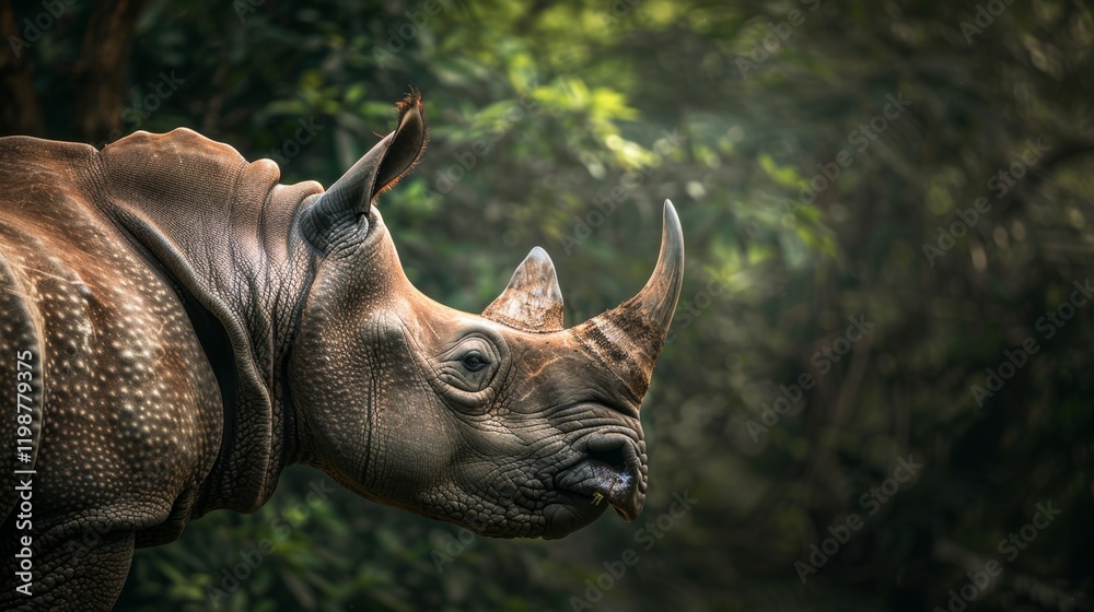 Rhino in Profile Against Lush Green Foliage Background