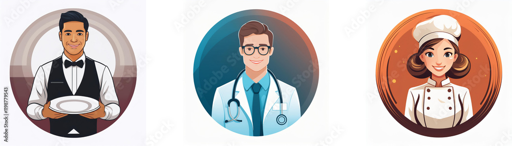 Three circular profile icons depict diverse professions: a waiter holding a plate, a doctor with a stethoscope, and a chef in a toque. Three circular profile icons depict diverse professions: a waiter holding a plate, a doctor with a stethoscope, and a chef in a toque.