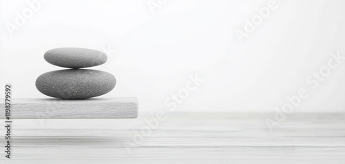 Minimalist concept style. A balanced stack of smooth stones on a serene surface. photo