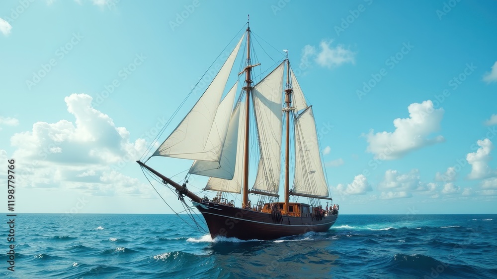 A majestic three-masted sailing ship glides on an endless blue ocean, its dark brown hull contrasting with pristine white sails billowing against the sky