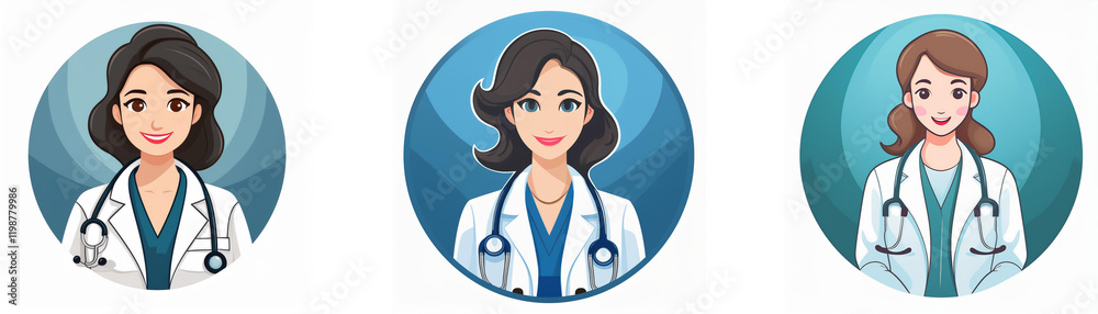Three female doctors are depicted in circular profile portraits, each wearing a white coat and stethoscope.  They show diversity in hair color and style.