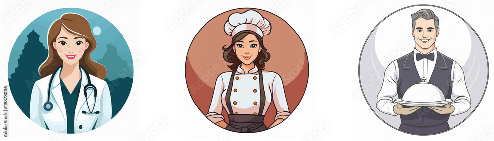 Three circular portraits depict a doctor, chef, and waiter, showcasing diverse professions. Three circular portraits depict a doctor, chef, and waiter, showcasing diverse professions.
