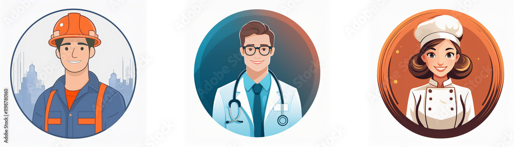 Three circular profile icons depict diverse professions: a construction worker, a doctor, and a chef. Each person is illustrated in a friendly, approachable style. Three circular profile icons depict diverse professions: a construction worker, a doctor, and a chef. Each person is illustrated in a friendly, approachable style.