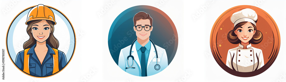 Three circular icons depict diverse professionals: a female engineer, a male doctor, and a female chef. Their friendly faces and attire represent their respective careers. Three circular icons depict diverse professionals: a female engineer, a male doctor, and a female chef. Their friendly faces and attire represent their respective careers.
