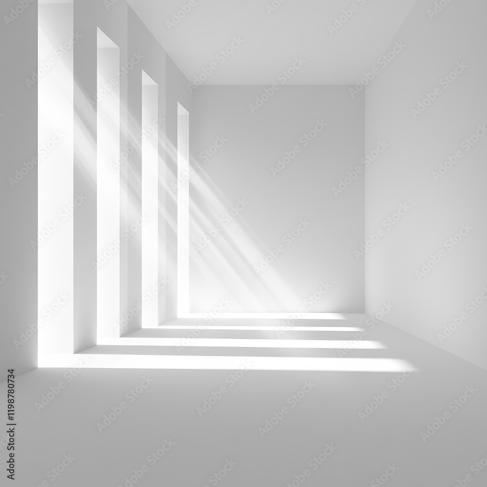Obraz premium A serene white interior space featuring radiant light streaming through minimalist openings, creating soft shadows and a tranquil atmosphere, ideal for modern design.