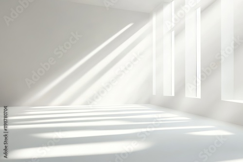A serene interior space showcasing radiant light beams filtering through white walls, creating a minimalist atmosphere with gentle shadows and modern elegance.