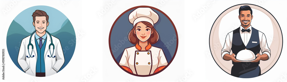 Three circular portraits depict a doctor, chef, and waiter, symbolizing healthcare, culinary arts, and hospitality professions. Three circular portraits depict a doctor, chef, and waiter, symbolizing healthcare, culinary arts, and hospitality professions.
